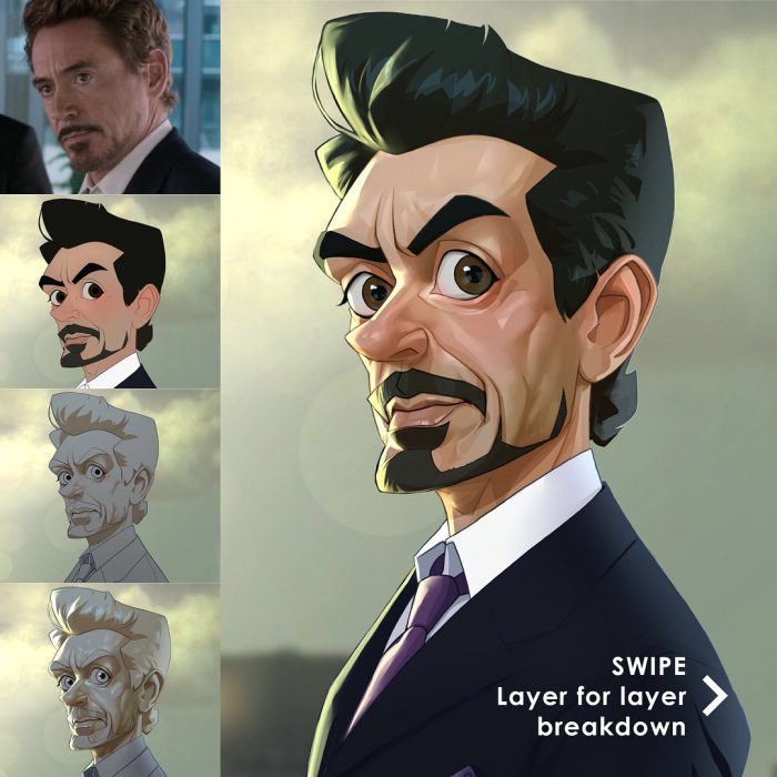 Tony Stark dibujado como una caricatura 