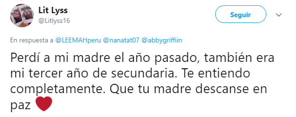 Comentario en twitter sobre la relación que una chica tenía con su madre que murió de cáncer 