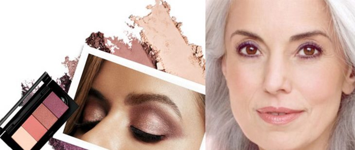 paleta de colores neutros sombras rosas mujer madura con maquillaje 