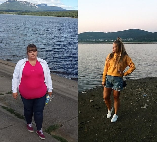 Mujer en la playa antes y después de bajar de peso
