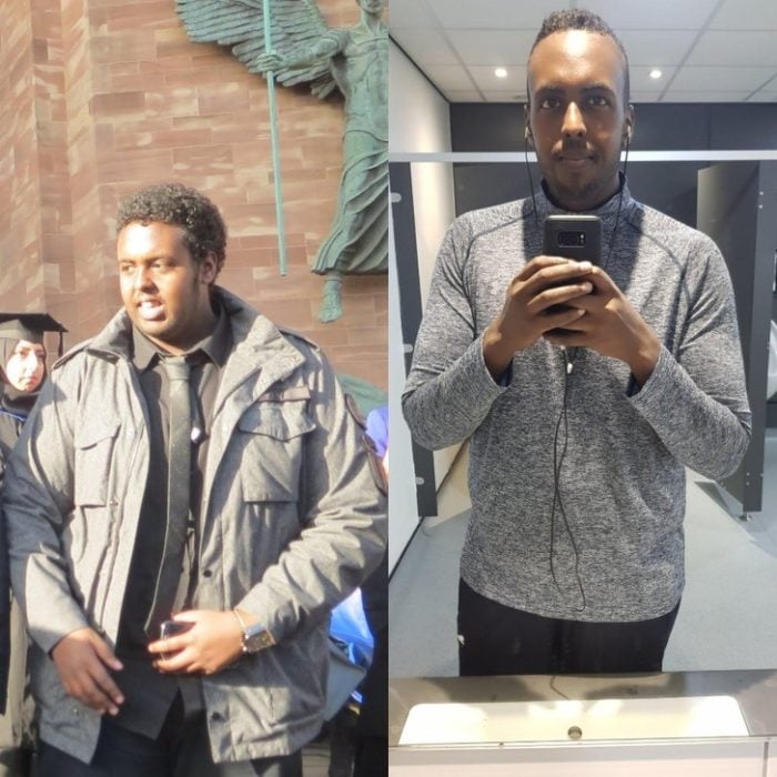 Hombre fuera de oficinas antes y después de bajar de peso 