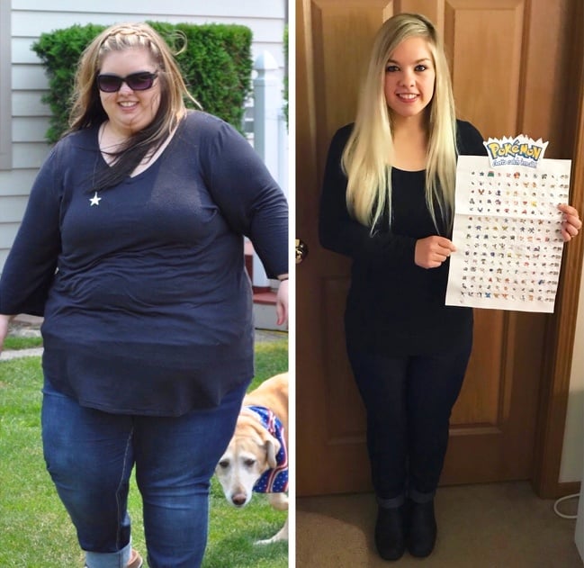 Mujer usando ropa oscura, modelando, antes y después de bajar de peso
