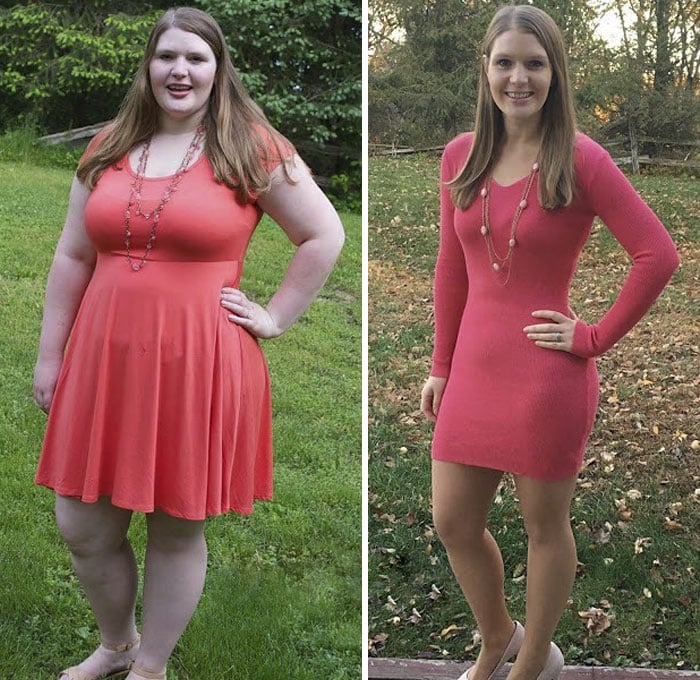 Mujer usando vestidos em color melón, antes y después de bajar de peso