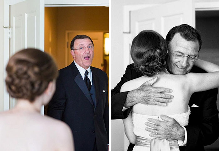 Padre llorando al ver a su hija vestida de novia por primera vez 