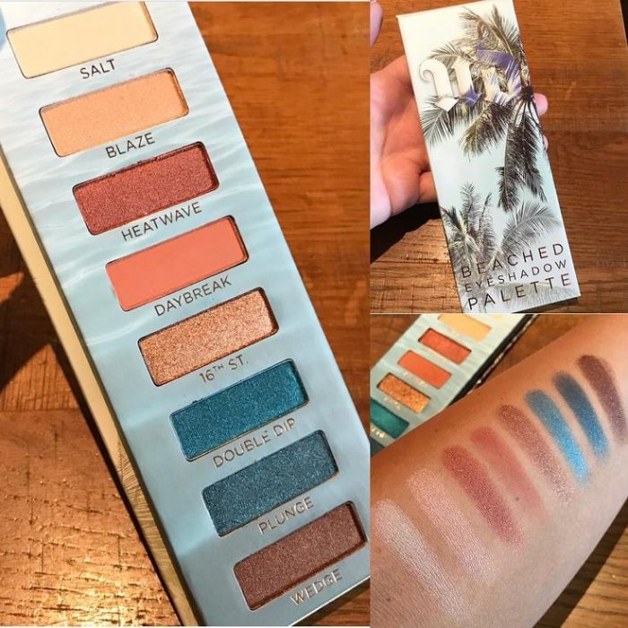 paleta de sombras con colores azules y café