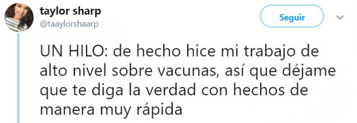 Comentario en twitter de una chica que explica las vacunas 