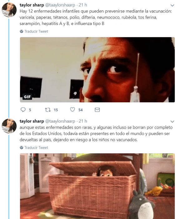 Comentario en twitter de una chica que explica las vacunas 