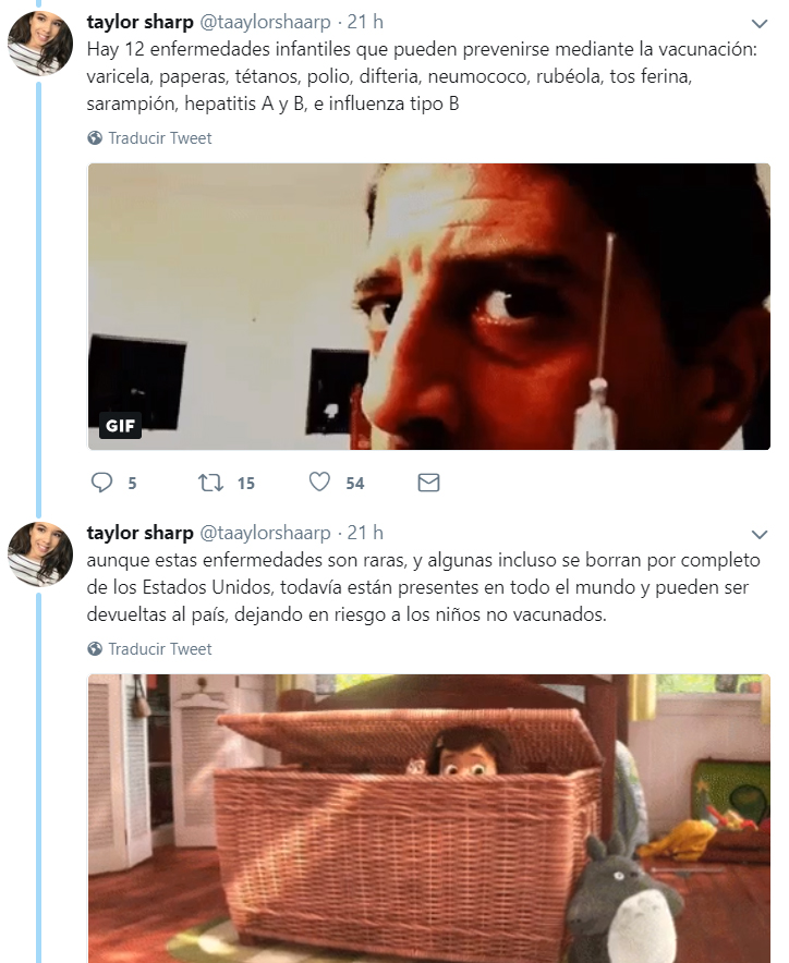 Comentario en twitter de una chica que explica las vacunas 