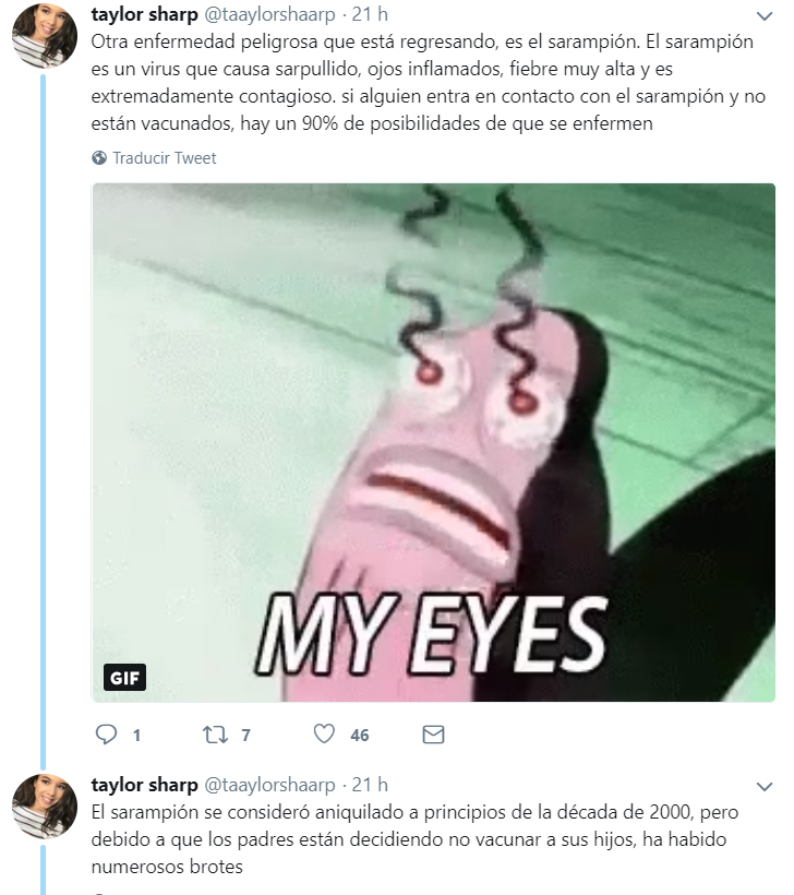 Comentario en twitter de una chica que explica las vacunas 