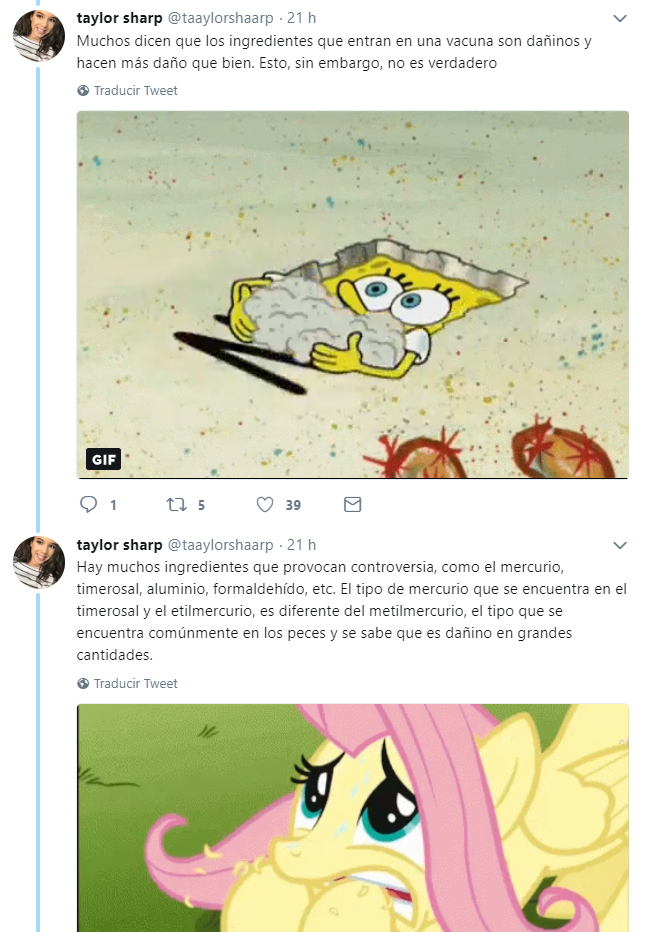 Comentario en twitter de una chica que explica las vacunas 