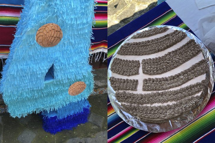 Piñata y pastel de concha de pan dulce