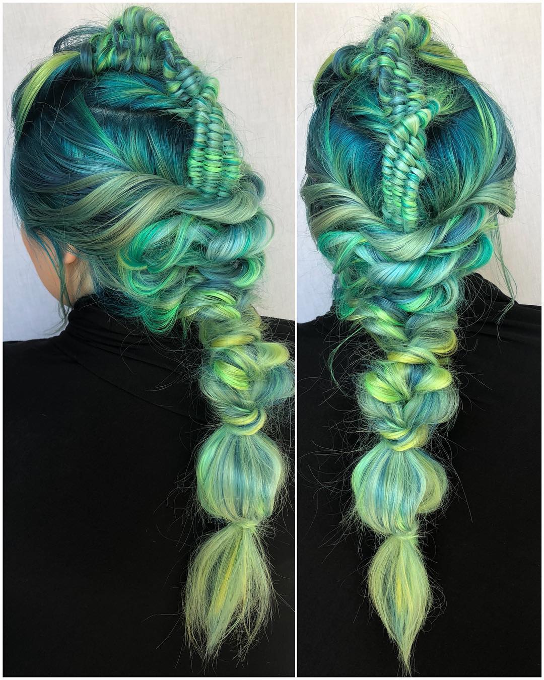 Trenzas de ADN HECHAS EN EL CABELLO DE COLOR VERDE CON AZUL