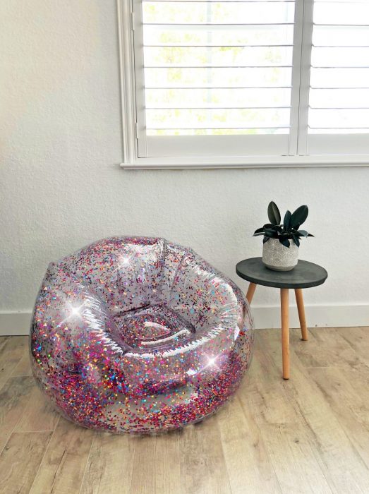 sillon inflable plástico con glitter brillo rosa y colores 