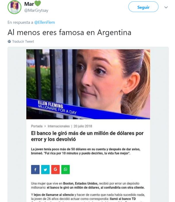 Comentarios en twitter de una chica que recibió un millón de dólares