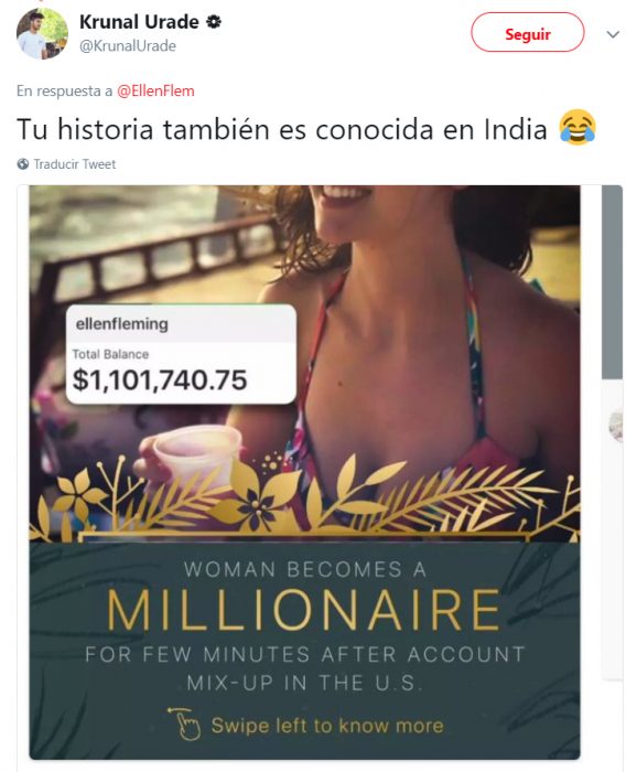 Comentarios en twitter de una chica que recibió un millón de dólares