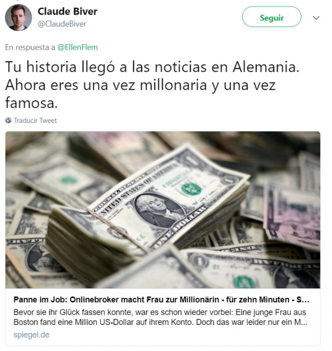 Comentarios en twitter de una chica que recibió un millón de dólares