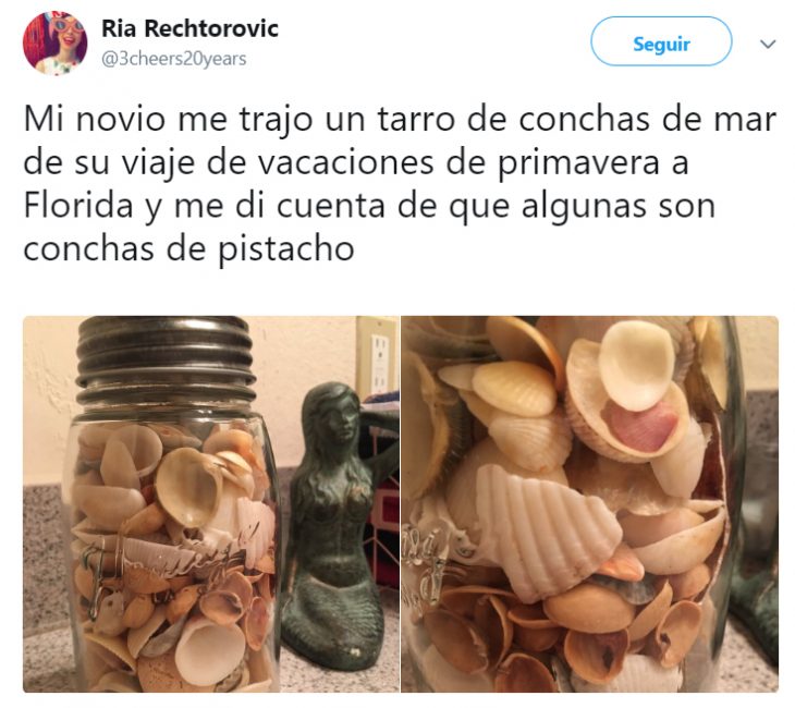 Vaso de mason jar con conchas y pistaches