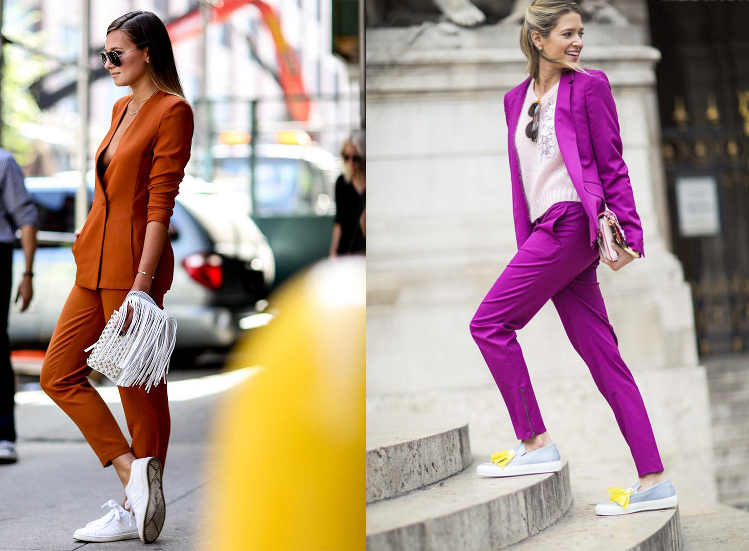 Chica usando un traje color fucsia y la otra un traje naranja