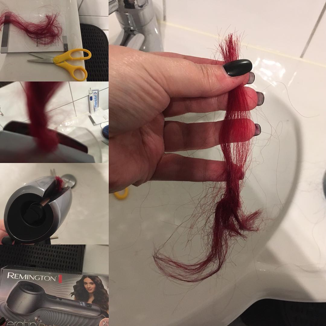 pinza para rulos que cortó un mechón de cabello a una chica peliroja 