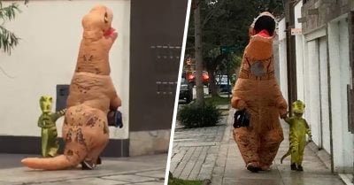 Se disfraza de dinosaurio para llevar a su hijo al colegio y se convierte en el papá del año