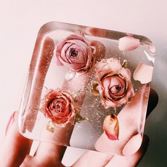 cubo de hielo con rosas 