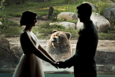Pareja de novios casándose mientras un oso los ve