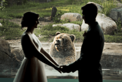 Pareja de novios casándose mientras un oso los ve