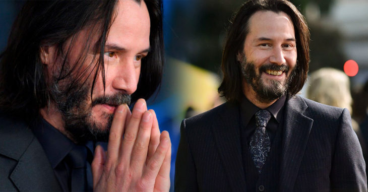 Keanu Reeves en traje sastre, sonriendo, promocionando John Wick. Parabellum 