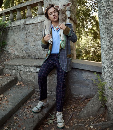 Harry Styles cargando una cabra para la campaña de gucci 