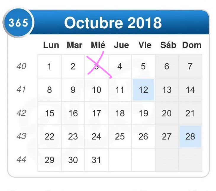 calendario de octubre con tacha en 3 de octubre 