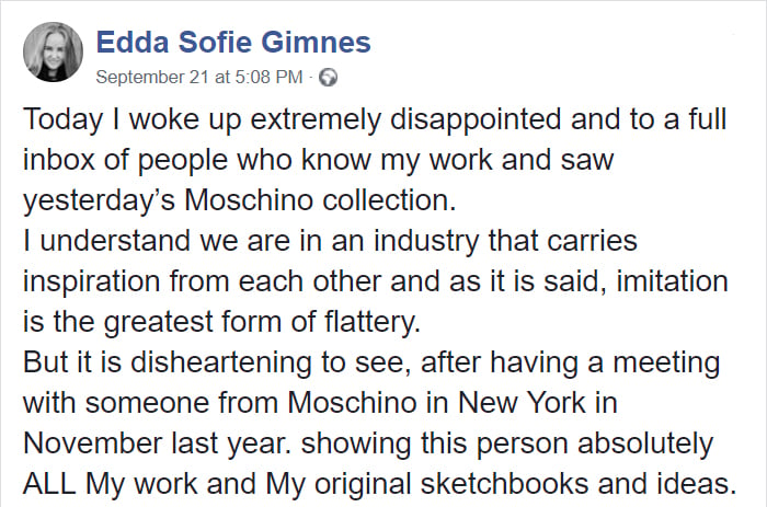 Chica afirma que moschino robó sus diseños en un comentario de facebook