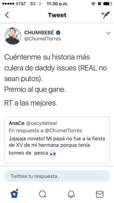 publicación en twitter de chumel torres pidiendo contar su peor Daddy issues 