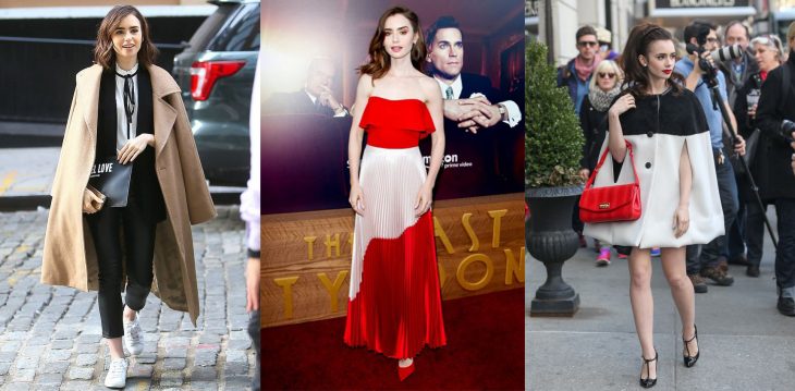 mujer con saco vestido rojo elegante poncho lily collins