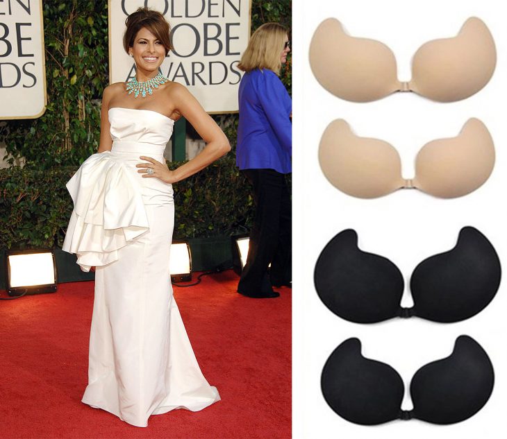 mujer con vestido blanco con brasiere adhesivo eva mendes 