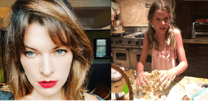 mujer rubia y niña cocinando mila jovovich