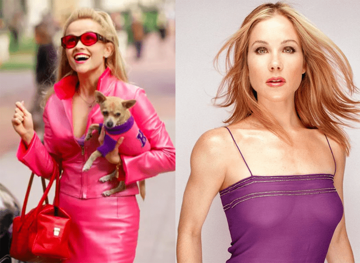 mujer rubia con perrito y mujer rubia con vestido morado 