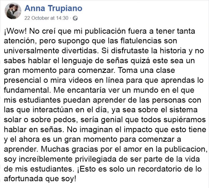 Conversación de maestra con alumnos sordos para explicarles los pedos