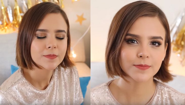 mujer con cabello corto delineado sonrisa 