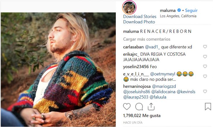 Publicación de foto de maluma en su cuenta de Instagram 