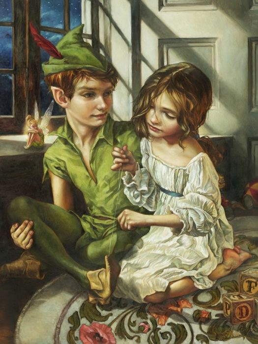 Pintura al óleo de peter pan y wendy