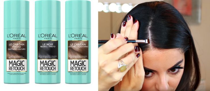 mujer paquillando sus raíces del cabello con productos 