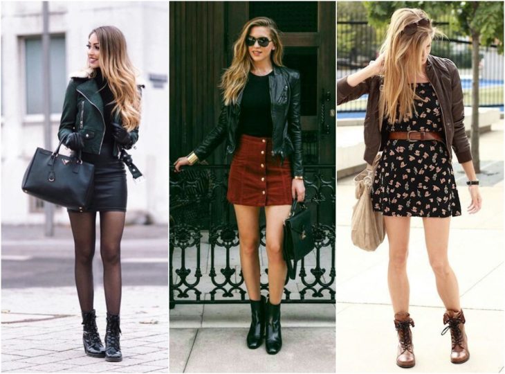 chicas usando vestidos con botas altas