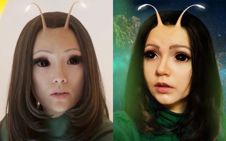 Chica cosplayer disfrazada de la Mantis de Avengers