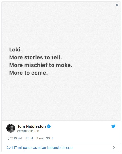 Captura de pantalla de foto subida a cuenta de twitter de Tom Hiddleston