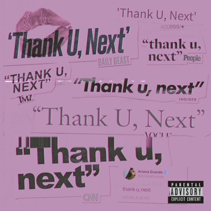 imagen morada con textos thank u next ariana grande 