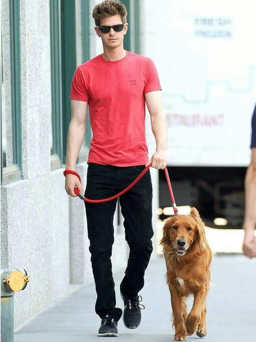 Andrew garfield paseando junto a su perro 