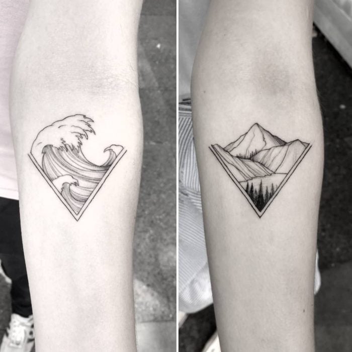 tatuajes de triangulo con mar y montaña 
