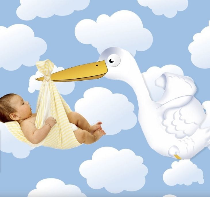 Ilustración de bebé que es cargado por una cigüeña