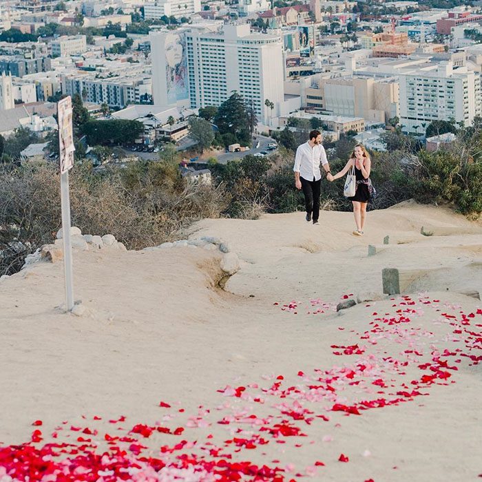 pareja de novios caminando por un cerro