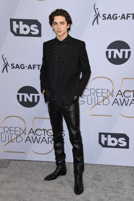 Timothée Chalamet en los SAG Awards 2019 con un traje negro y pantalón de piel es considerado uno de los mejores vestidos